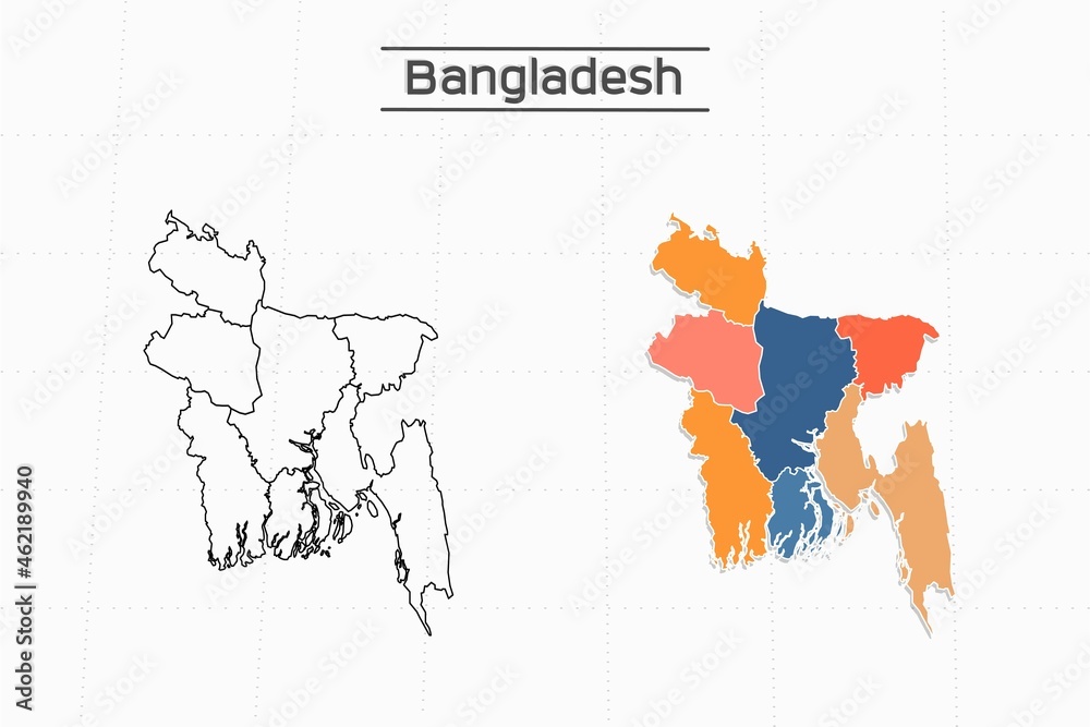 Bangladesh map city vector divided by colorful outline simplicity style. Have 2 versions, black thin line version and colorful version. Both map were on the white background.
