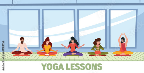 Outdoor meditation. Yoga classes characters sitting in lotus pose mindfulness persons relax breathing garish vector cartoon background