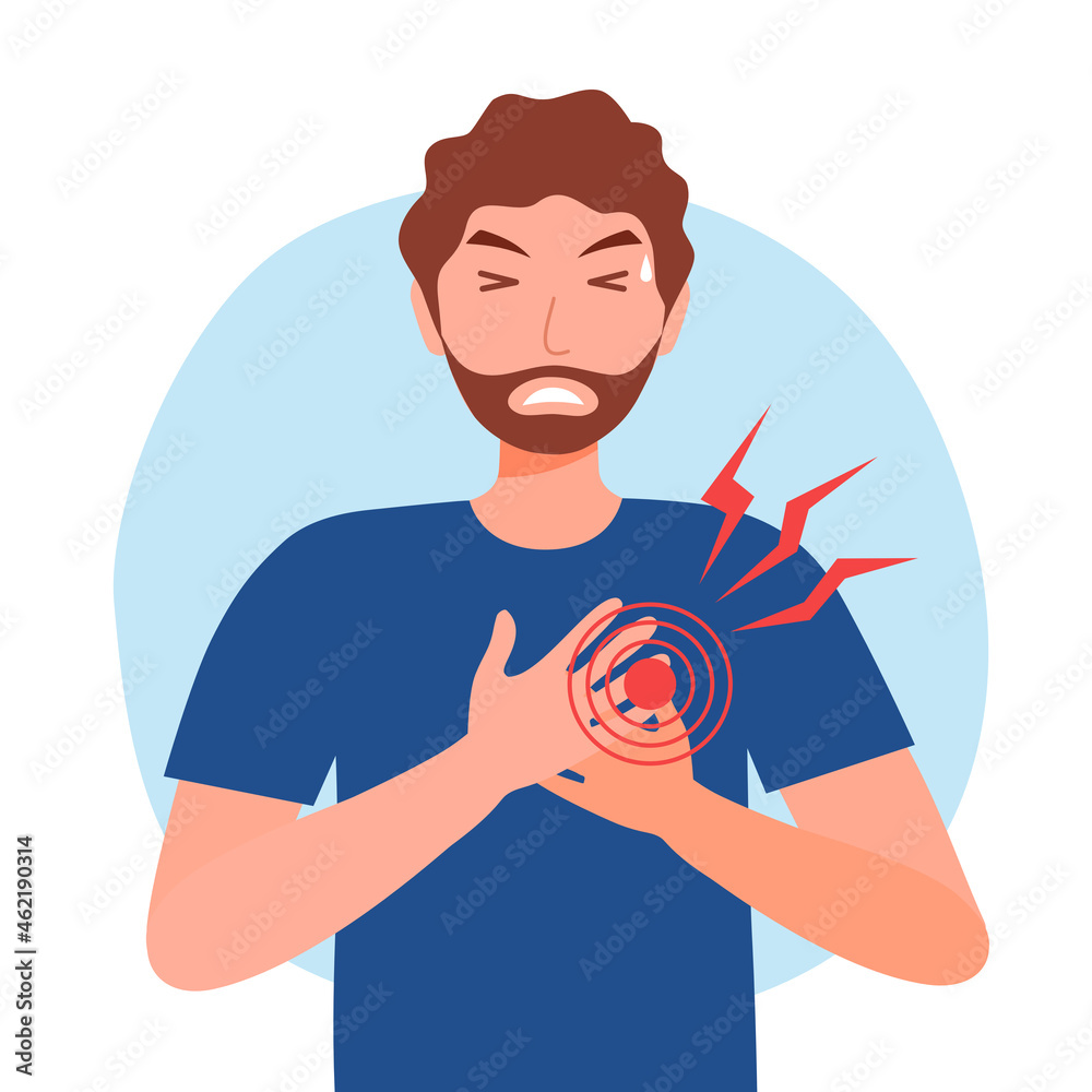 Young man having heart disease symptom in flat design on white background. Heart attack concept vector illustration. Young man having heart disease symptom in flat design on white background. Heart attack concept vector illustration.