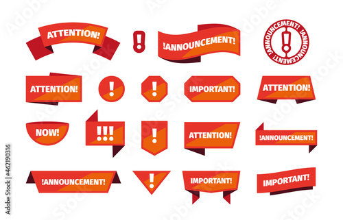 Attention banners. Announcement red stamps for priority ads sales notices badges for different messages garish vector templates set