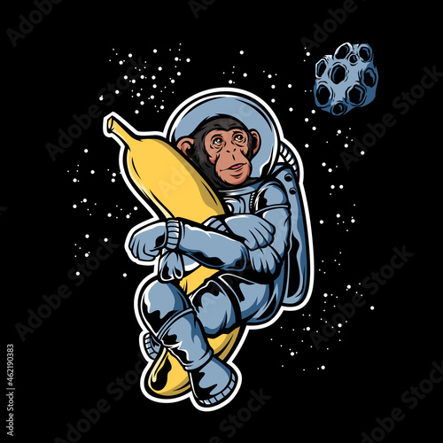 Monkey Astronaut hugging banana in space 