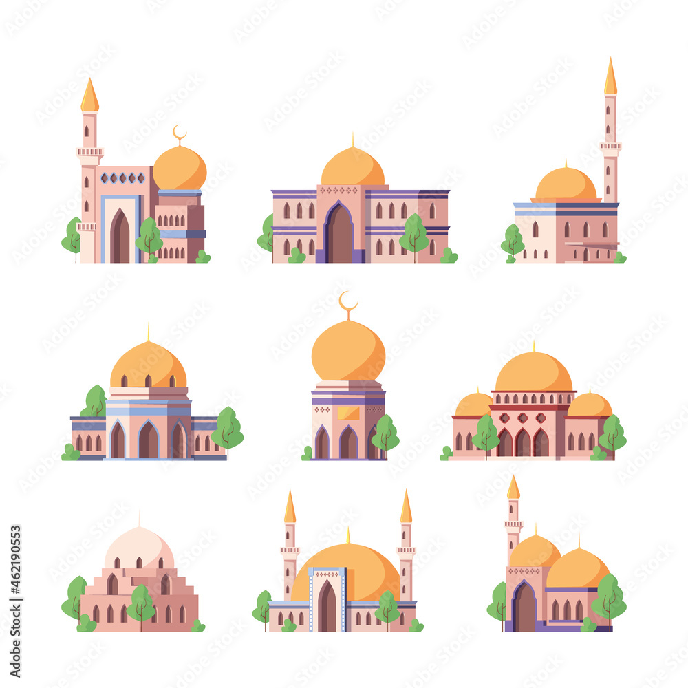 Arabic mosque. Religion authentic arabesque buildings geometric roofs with domes sultan home garish vector flat illustrations isolated