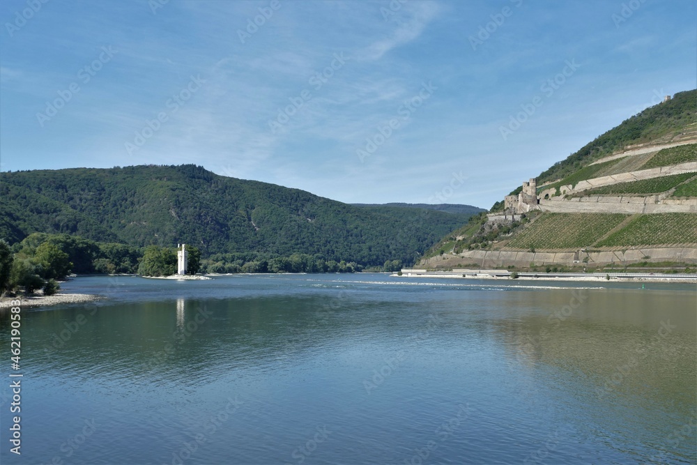 Blick über den Rhein zum Mäuseturm und Landschaften in Bingen