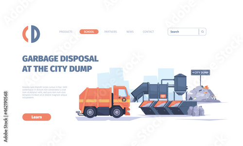 Waste recycling landing. Industry cleaning from garbage separated plastic waste industry vehicle garish vector web page templates