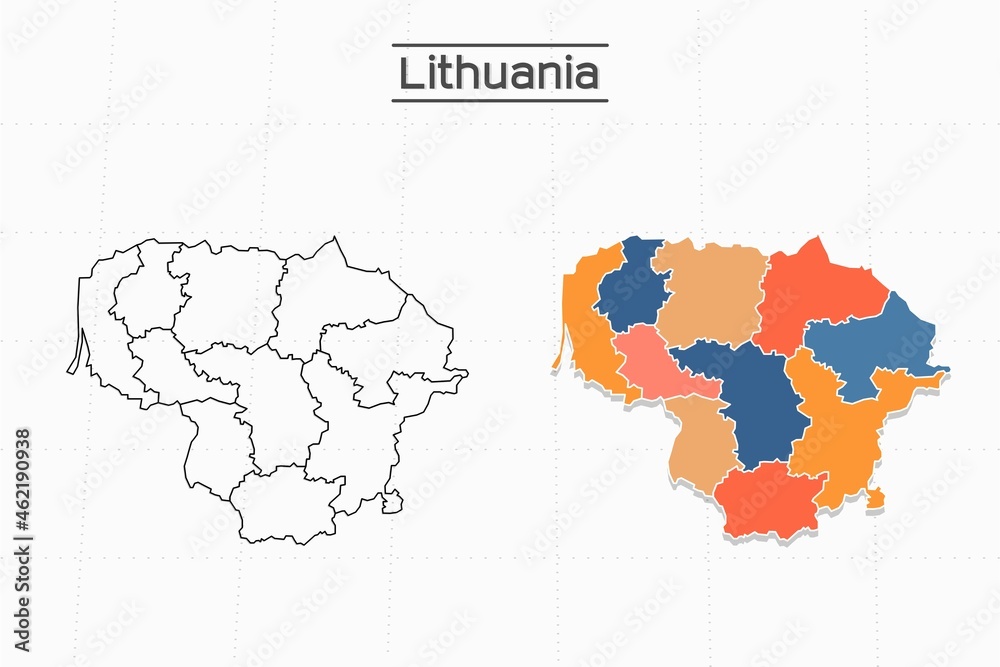 Lithuania map city vector divided by colorful outline simplicity style. Have 2 versions, black thin line version and colorful version. Both map were on the white background.