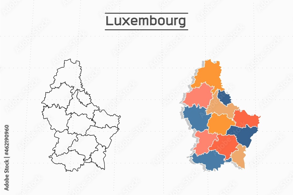 Luxembourg map city vector divided by colorful outline simplicity style. Have 2 versions, black thin line version and colorful version. Both map were on the white background.