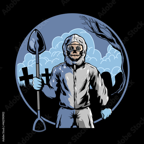 Skull gravedigger in hazmat suit Premium Vector