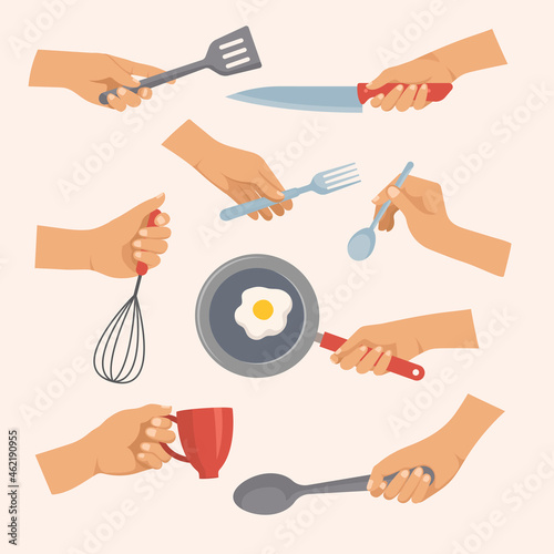 Kitchen tools in hands. Objects for preparing food in kitchen forks spoons plates pots recent vector flat items
