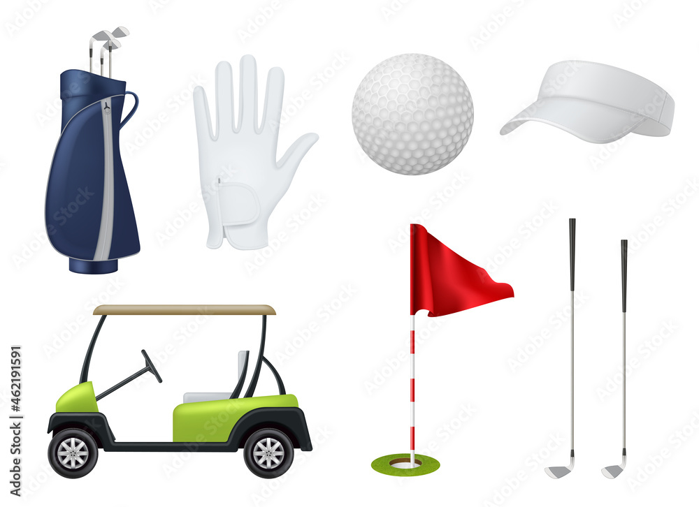 Golf equipment. Car white balls golf stick point flags grass sport bag decent vector illustrations set in realistic style - obrazy, fototapety, plakaty 