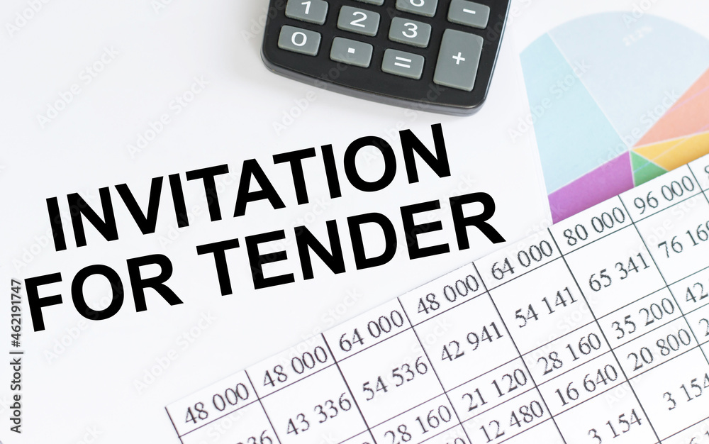 text showing INVITATION FOR TENDER on white paper beside calculator and color charts text showing INVITATION FOR TENDER on white paper beside calculator and color charts