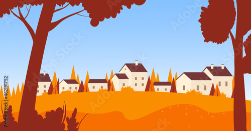 Autumn town, village or city urban landscape vector illustration. Cartoon skyline with residential area, building houses, red autumn trees under blue sky, European cityscape panorama background