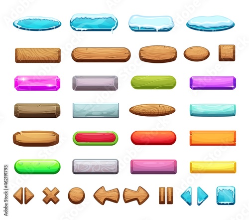 Game ui interface elements. Wooden, frozen buttons, colorful cartoon web games design vector set