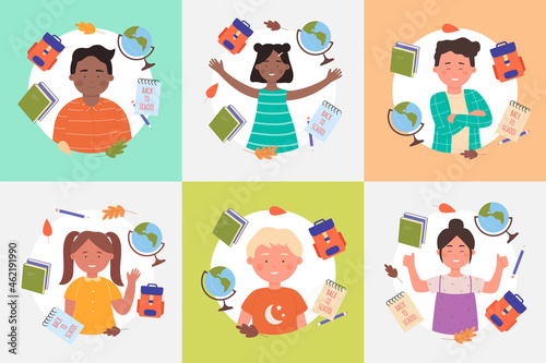 Children back to school set, elementary education vector illustration. Cartoon happy girl boy child characters, schoolboy and schoolgirl with schoolbag, books, globe and pencil school clipart objects