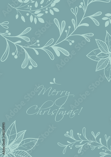 Happy Holidays or Merry Christmas Template with Hand Drawn decorative elements, twigs, and flowers.