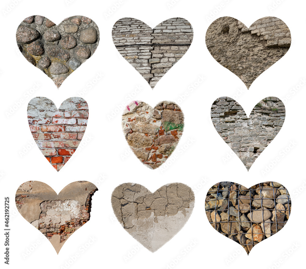 Set of nine hearts with textures. The collection includes brickwork and stone walls. Perfect for design. Set of nine hearts with textures. The collection includes brickwork and stone walls. Perfect for design.