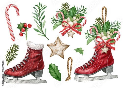 Vintage Christmas red ice skates,watercolor floral sketes,winter Holiday essentials,rustic ice skates decor ,traditional xmas,winter bouquet,candy cane, red berries, holly leaves,star photo