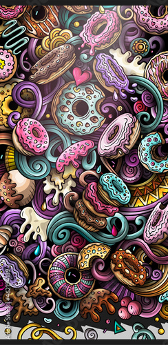 Donuts hand drawn doodle banner. Cartoon detailed illustrations.