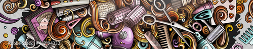 Hair salon hand drawn doodle banner. Cartoon detailed illustrations.