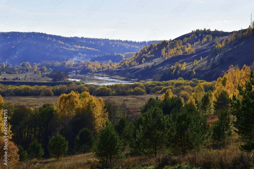 Autumn sunny panorama of Kolomagina mountain, Posad village and Sylva river