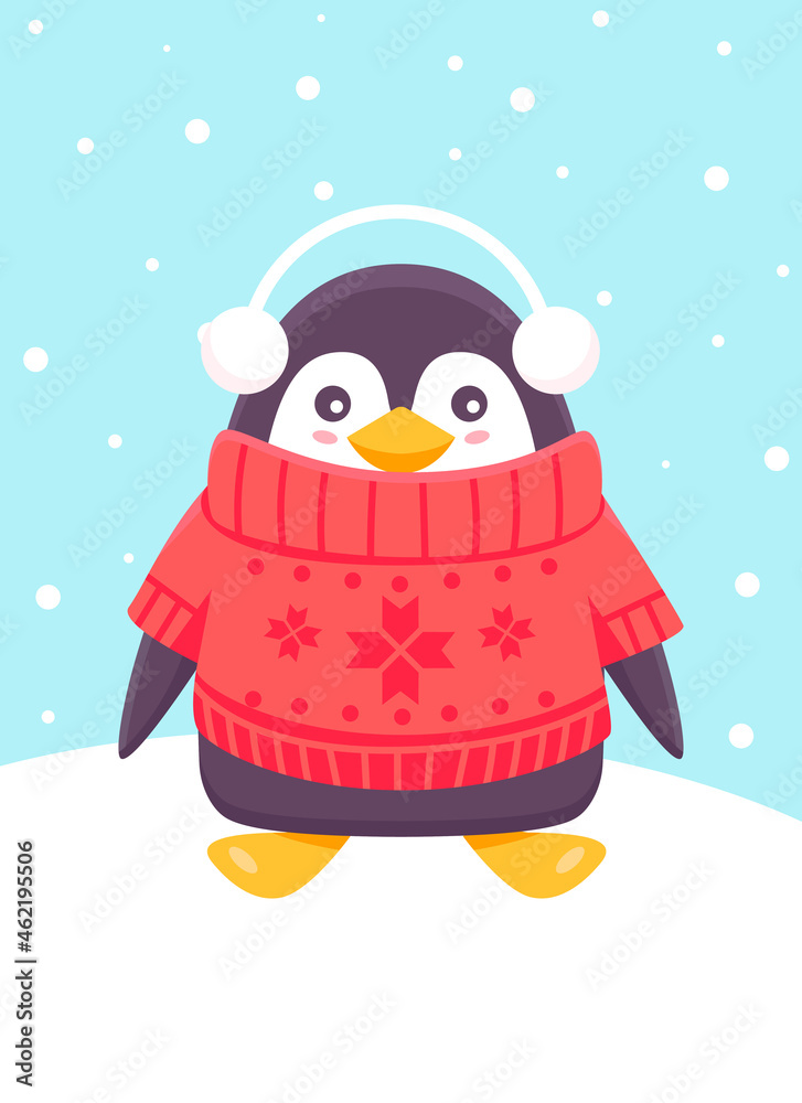 penguin in a sweater and warm headphones. Christmas and New Years concept. Cute kind penguin smiles. Vector illustration