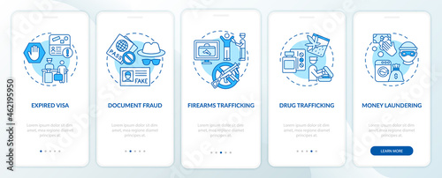 Reasons for deportation blue onboarding mobile app page screen. Legislation walkthrough 5 steps graphic instructions with concepts. UI, UX, GUI vector template with linear color illustrations