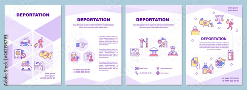 Deportation brochure template. Official removal from country. Flyer, booklet, leaflet print, cover design with linear icons. Vector layouts for presentation, annual reports, advertisement pages