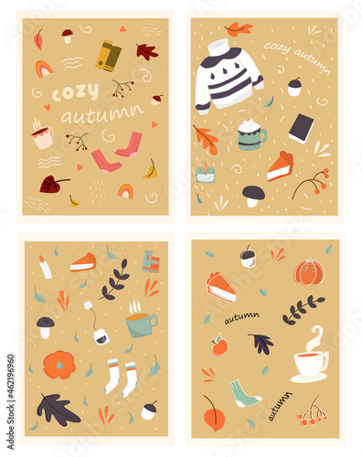 set of autumn minimalistic doodle pattern postcards