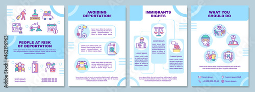 Risk of deportation brochure template. Avoid departure. Flyer, booklet, leaflet print, cover design with linear icons. Vector layouts for presentation, annual reports, advertisement pages
