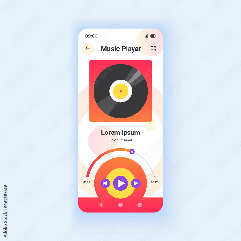 Music player light smartphone interface vector template. Mobile app page design layout. Listening to tunes. Multimedia software. Streaming songs screen. Flat UI for application. Phone display