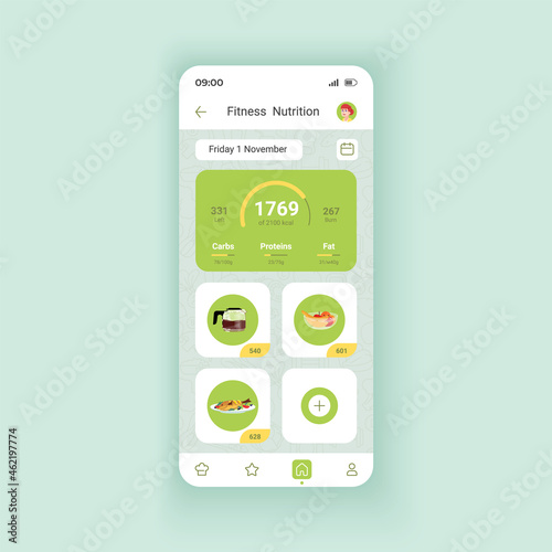 Fitness nutrition dark smartphone interface vector template. Mobile app page design layout. Healthy dieting manager. Daily meal program screen. Flat UI for application. Phone display