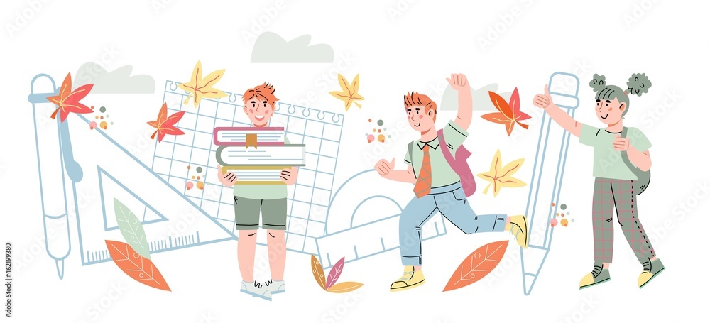 Back to school and kids education banner backdrop with school children characters. Happy cheerful school children, flat cartoon vector illustration isolated on white background. Back to school and kids education banner backdrop with school children characters. Happy cheerful school children, flat cartoon vector illustration isolated on white background.