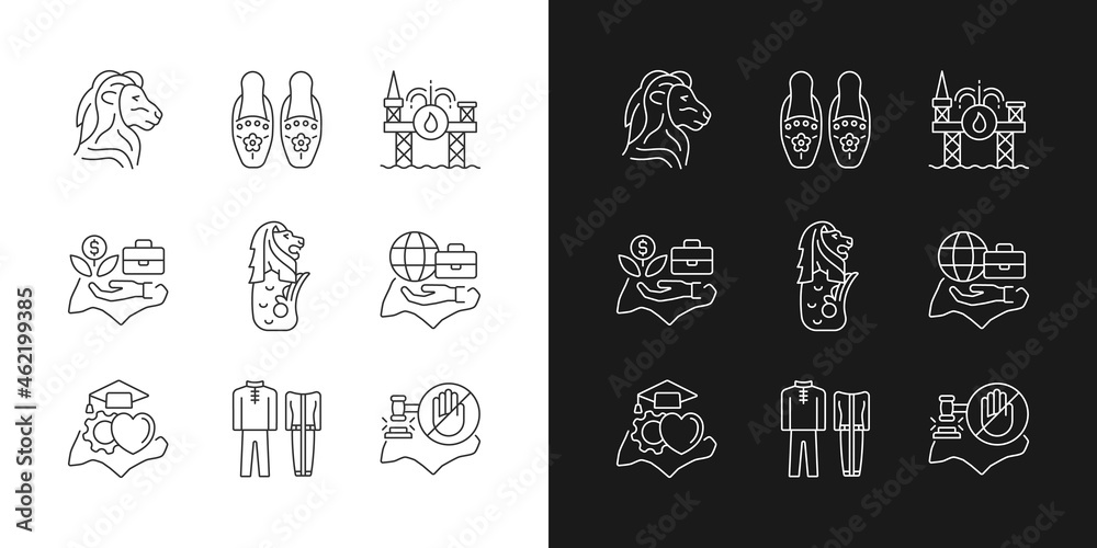 Singapore national values linear icons set for dark and light mode. Quality of living. Traditional costumes. Customizable thin line symbols. Isolated vector outline illustrations. Editable stroke