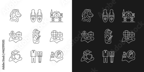 Singapore national values linear icons set for dark and light mode. Quality of living. Traditional costumes. Customizable thin line symbols. Isolated vector outline illustrations. Editable stroke