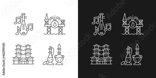 Culture of Singapore linear icons set for dark and light mode. Pipa musical instrument. Offshore drilling. Customizable thin line symbols. Isolated vector outline illustrations. Editable stroke