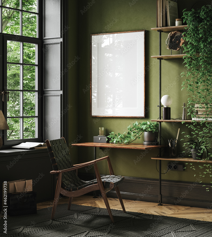 Mockup frame in home office interior background, mid-century modern style in loft, 3d render - obrazy, fototapety, plakaty 