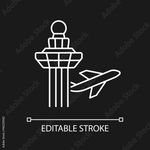 Changi airport control tower white linear icon for dark theme. Visual observation from tower. Thin line customizable illustration. Isolated vector contour symbol for night mode. Editable stroke