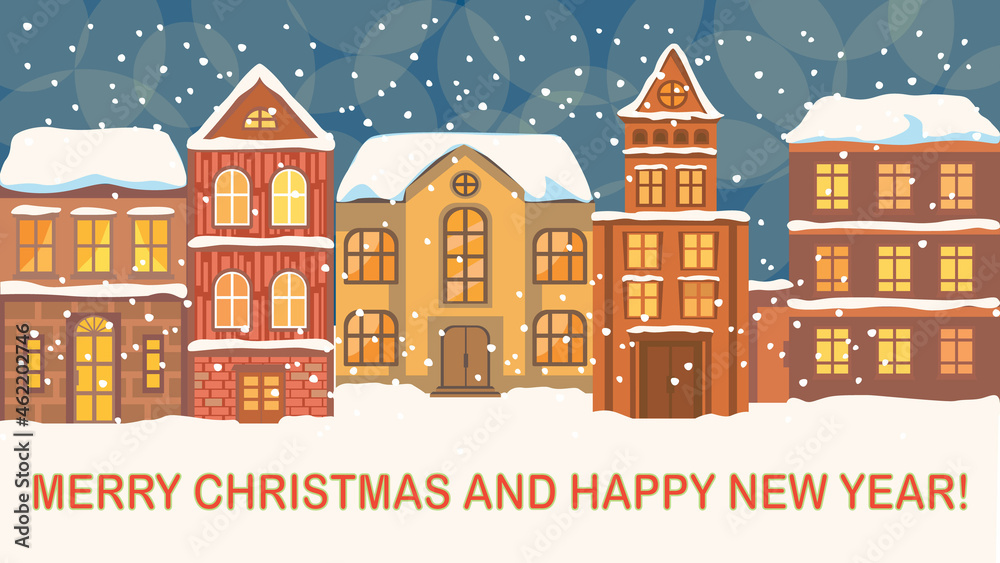 Christmas town in the snow, colorful houses in cartoon style, Christmas card with wishes, flat vector illustration.