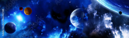 Horizontal galaxy banner. A beautiful space scene with sun, planets and nebula