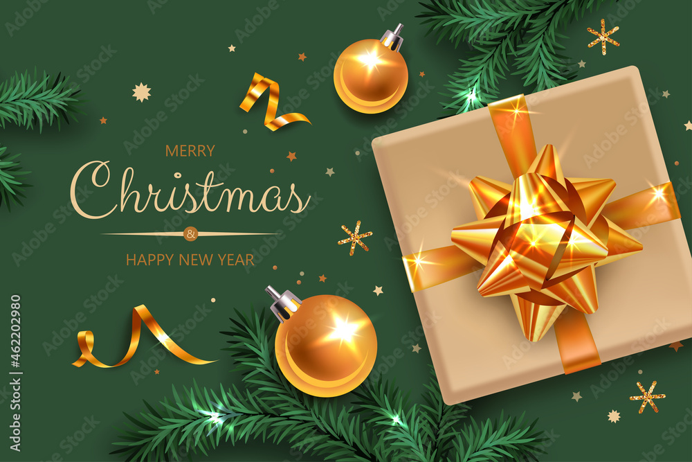 Horizontal banner with gold Christmas symbols and text. Christmas tree, gift, serpentine and snowflakes on green background.
