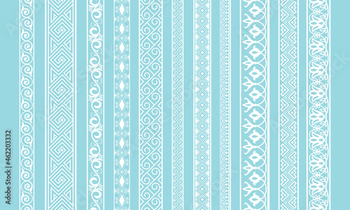 White lace edging. Cute textile wedding borders, barouque laces fabric tapes vector image, curve retro cloth silhouette ribbons, vintage cotton baroque vector strips isolated on blue