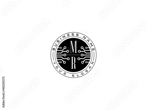 Technology MR Logo, Initial mr Technology Logo concept, round emblem, solution symbol logotype white background