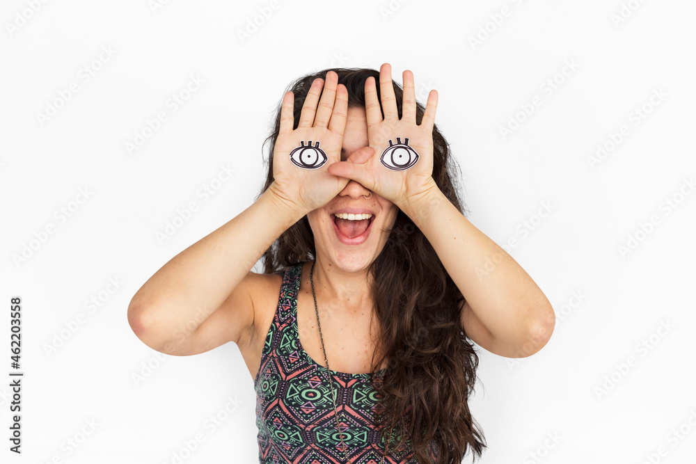 Crazy pretty girl with eyes in her hands Crazy pretty girl with eyes in her hands