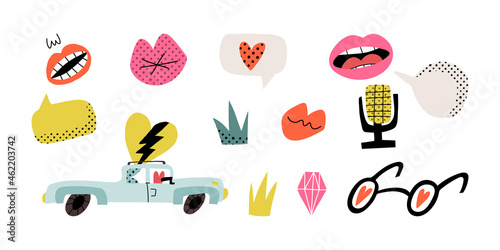 Valentine's Day pop art set. Lips and speech bubbles, microphone, kissing, singing, and diamonds, crown, car with heart