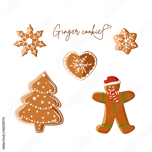 A set of ginger cookies of different shapes for Christmas. Vector illustration in cartoon style on a white background © Ольга Копылова