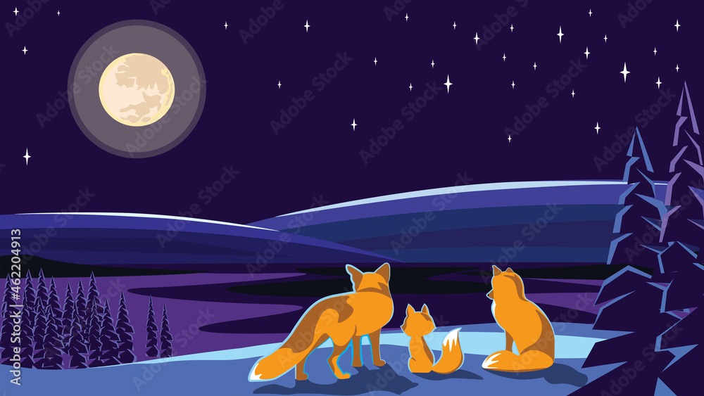 Naklejka premium Winter night landscape, a family of foxes look at the moon, Christmas greeting card, space for text, flat vector illustration.