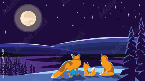 Winter night landscape, a family of foxes look at the moon, Christmas greeting card, space for text, flat vector illustration.