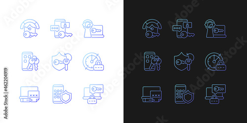 Password requirements gradient icons set for dark and light mode. Cyberspace security. Thin line contour symbols bundle. Isolated vector outline illustrations collection on black and white