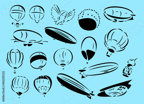 Line-art vector illustrations of balloons and zeppelins