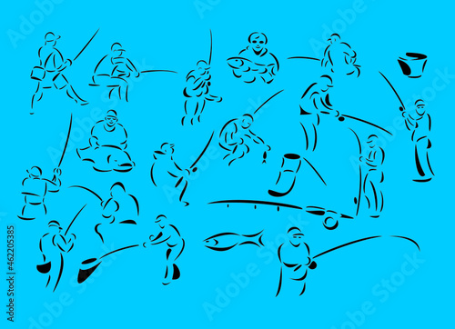 Line-art vector illustrations of fishermen