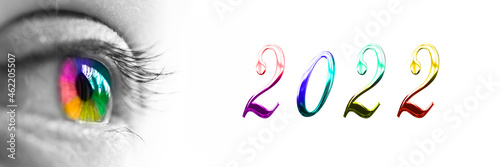 2022 and colorful rainbow eye header, new year greeting card web banner
